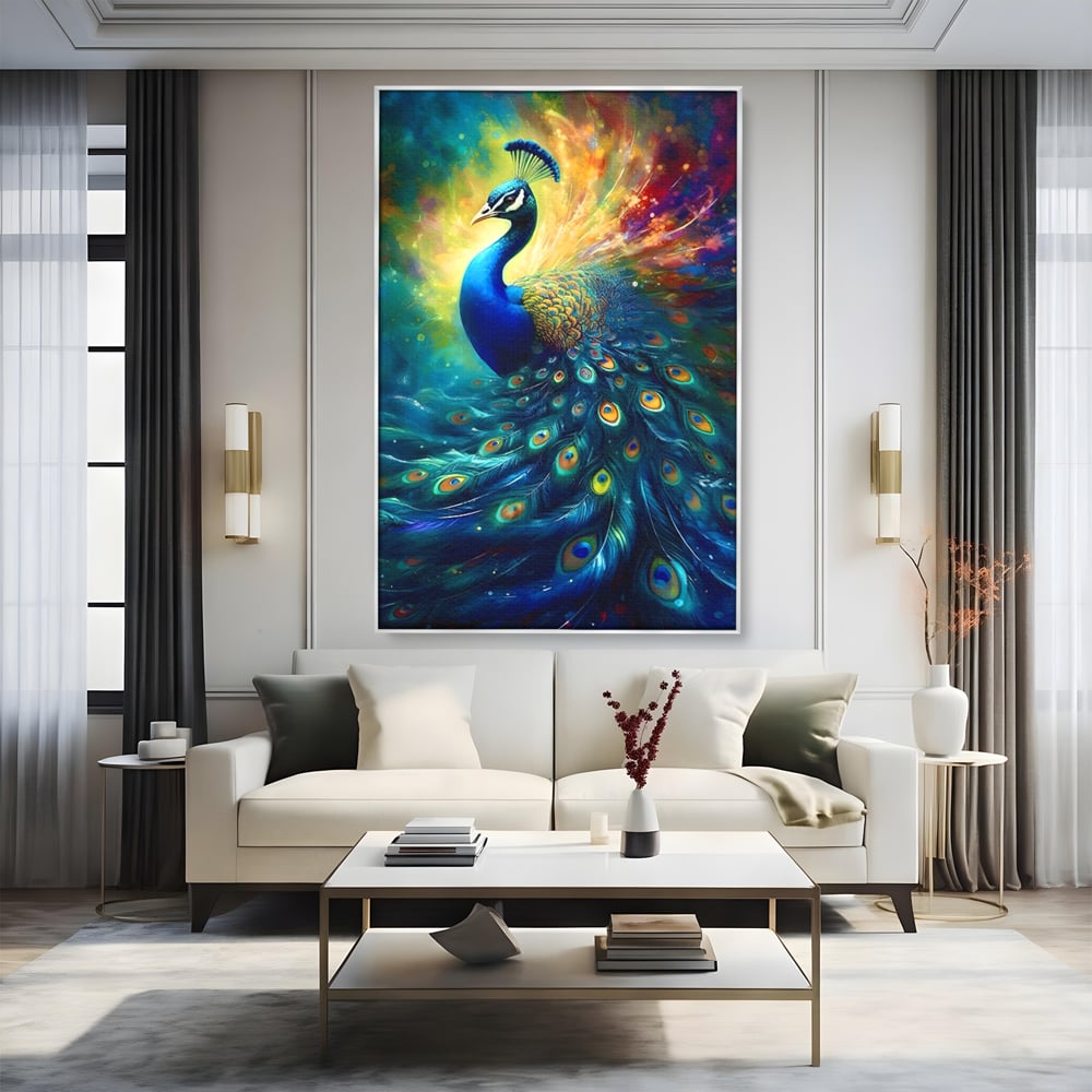 Tablou canvas cu tablou canvas cu paun colorat, in rama de aluminiu argintiu, pe perete intr-un living